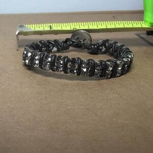 Fossil Black Leather Bracelet with Silver Crystal Row